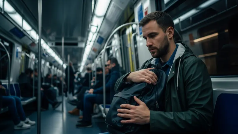 Airport Metro Vigilance 1 A traveler securely holding their backpack on their front inside a subway car.