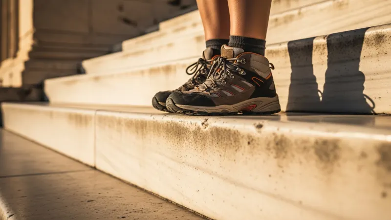 Close-up of sturdy sneakers gripping polished ancient marble steps in Athens.