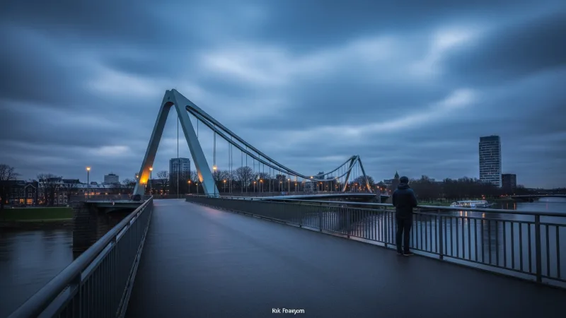 A lone figure stands on the John Frost Bridge in Arnhem at dusk, overlooking the Rhine River.
