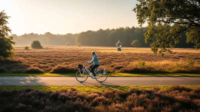 Cycle the Veluwe for Van Gogh 12 A person on a white bicycle cycles through a sunlit heathland, with a modern sculpture visible in the distance.