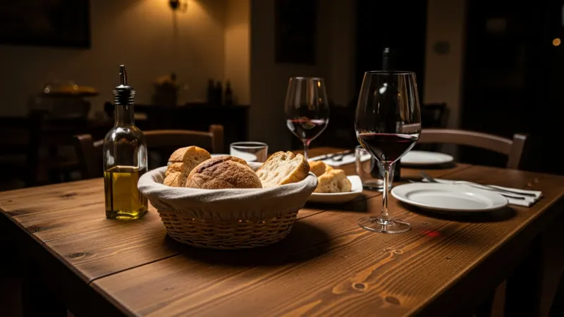 Decode the Coperto 27 Rustic Italian dining table with bread and wine.