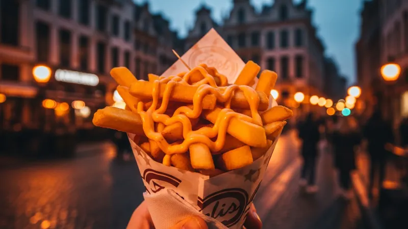 Eat at a Local Frituur 13 A paper cone filled with thick Belgian fries topped with Andalouse sauce.
