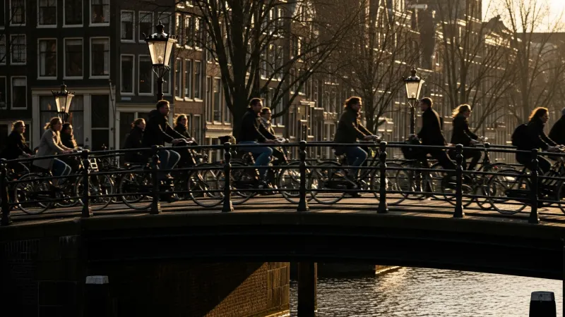 Master Amsterdam's Cycling Culture 11 A busy Amsterdam bridge filled with cyclists and a few pedestrians, illustrating the city's vibrant cycling culture.