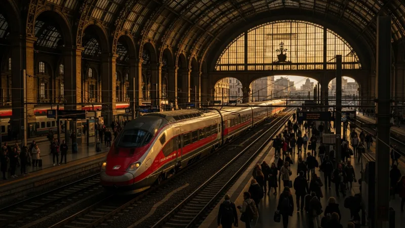 Master Italian Trains 29 High-speed train arriving at a station in Italy.