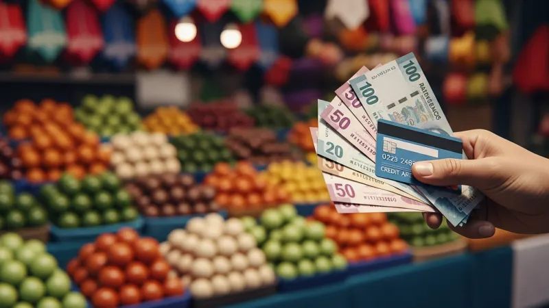 Master the Peso: Cash, Cards & ATMs 41 A hand holding Mexican peso banknotes and a credit card, with a vibrant market scene in the background.