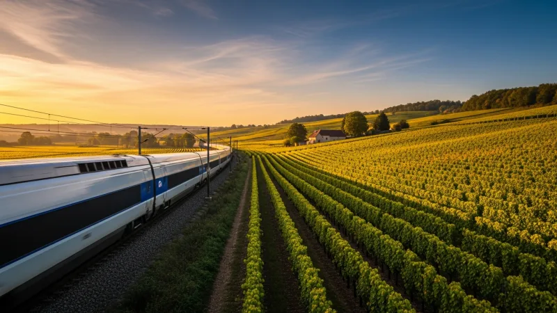 Master the TGV Booking Window 35 A high-speed TGV train traveling through the French countryside.