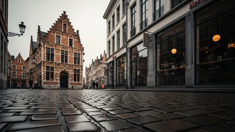 Navigate the Linguistic Divide 11 A picturesque cobblestone street in Ghent with traditional step-gabled buildings.