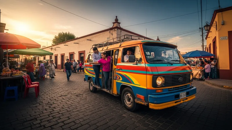 Ride Like a Local: Colectivos & Public Transport 40 A colorful colectivo van picking up passengers on a lively street in a Mexican town.
