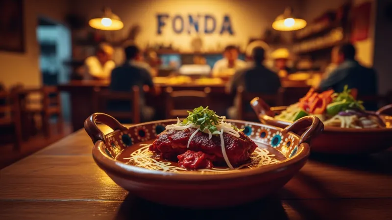 Savoring Mexico: Beyond Tacos & Tourist Traps 39 A beautifully presented plate of traditional Mexican mole poblano in a rustic setting, with a blurred background of a lively local restaurant.