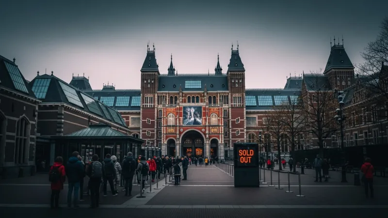 Secure Your Spot: Book Amsterdam Attractions Early 10 The grand entrance of a major Amsterdam museum with a small queue, emphasizing the need to book tickets in advance.
