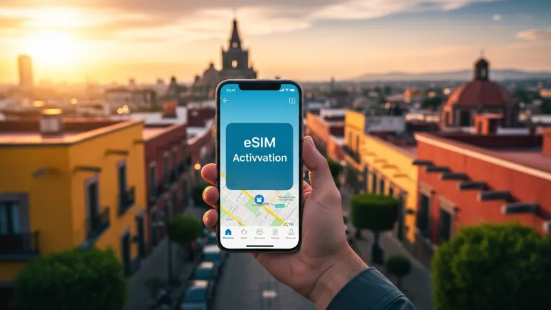 Stay Connected: eSIMs & Local SIM Cards 37 A hand holding a smartphone showing an eSIM activation screen, with a vibrant Mexican city skyline in the background.