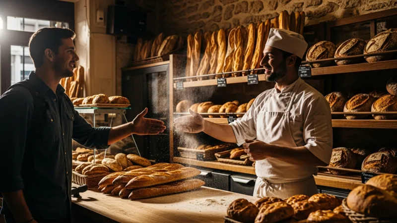 The Golden 'Bonjour' Rule 36 A traveler greeting a French baker in a traditional bakery.