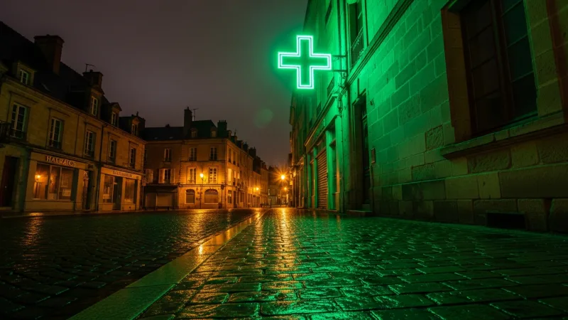 The Green Cross Pharmacy Secret 32 A glowing green neon pharmacy cross on a French street at night.