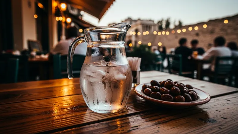 A glass pitcher of tap water on a rustic table at a Greek taverna.