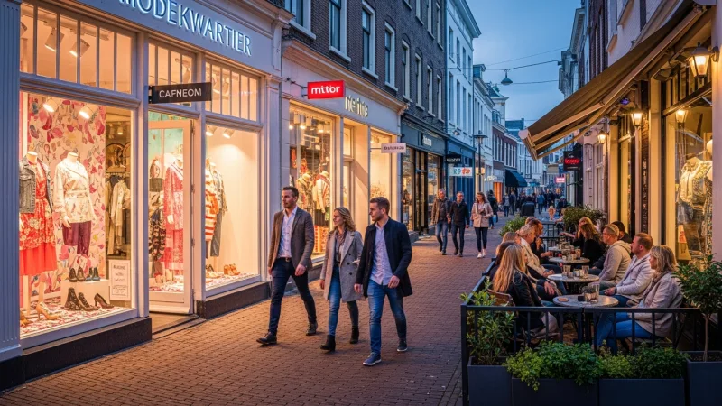 A lively street in Arnhem's Modekwartier with colorful shops, fashion displays, and people enjoying a cafe.