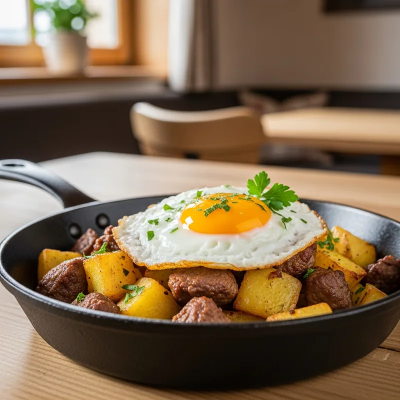 A traditional pan of Tiroler Gröstl topped with a fried egg