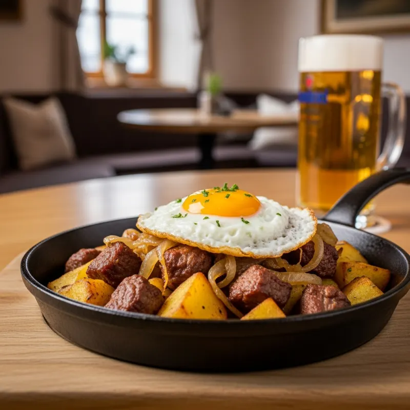 A cast-iron skillet of Tiroler Gröstl topped with a fried egg