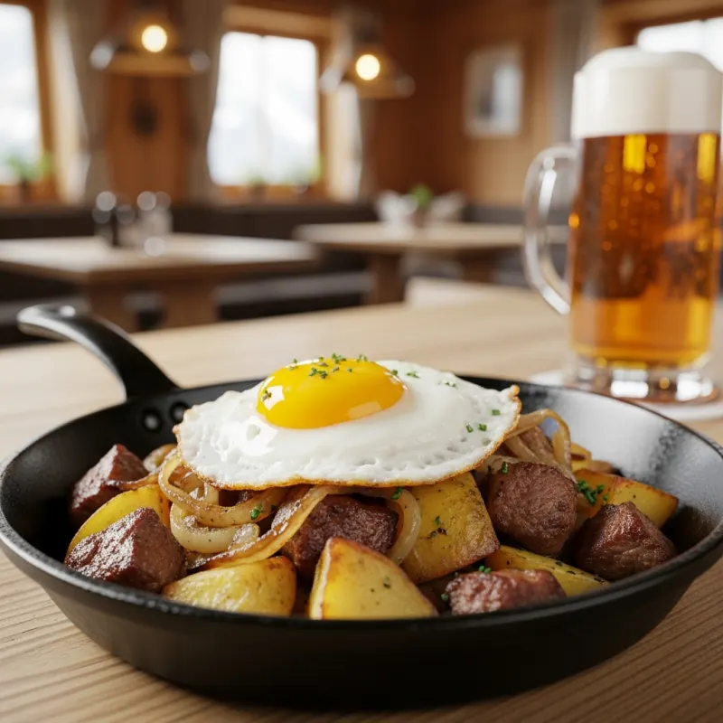 A traditional pan of Tiroler Gröstl topped with a fried egg