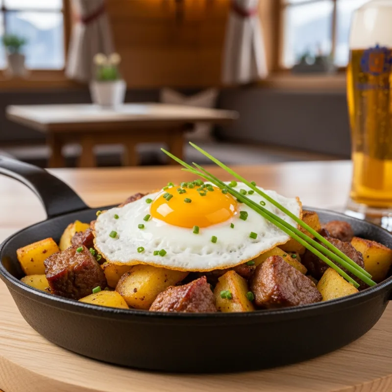 A cast iron pan serving traditional Tiroler Gröstl with a fried egg