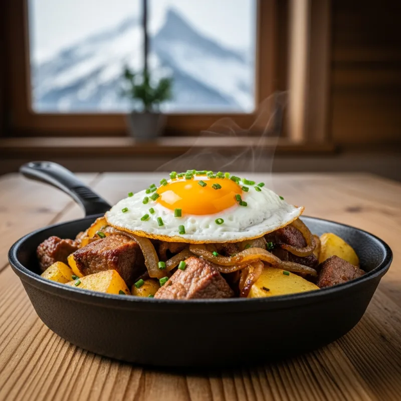 A cast-iron skillet of Tiroler Gröstl with a fried egg on top