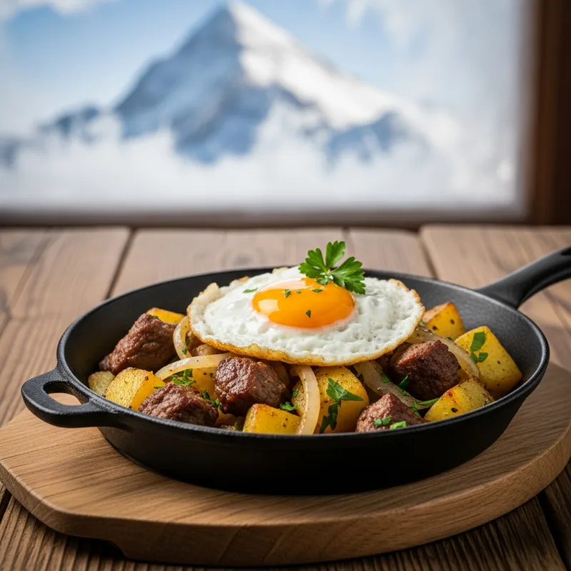 A cast-iron pan of Tiroler Gröstl topped with a fried egg in an alpine setting