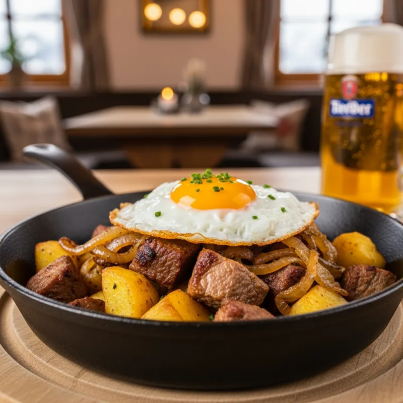 A cast-iron skillet of Tiroler Gröstl topped with a fried egg