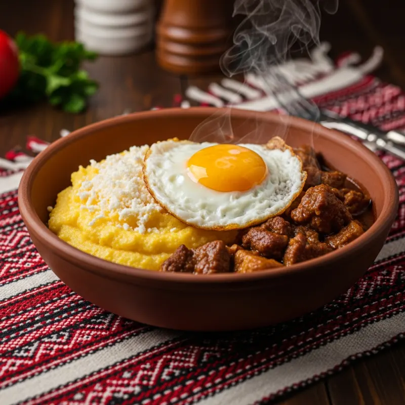 A traditional serving of Tochitură Bucovineană with polenta and egg