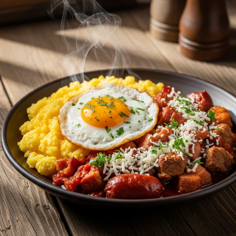 Tochitură Moldovenească served with polenta and a fried egg