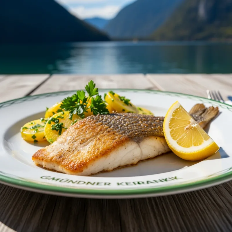 Pan-fried Traunsee Reinanke fish with parsley potatoes on a Gmundner Keramik plate