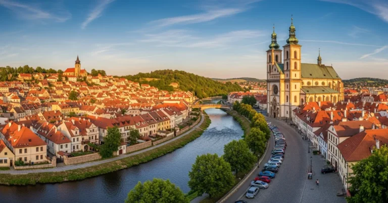 Trebic 7 Panoramic view of Trebic featuring the Jihlava River, Jewish Quarter, and St. Procopius Basilica