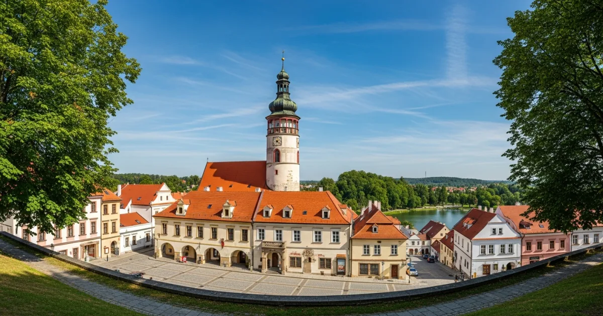 Panoramic view of historic Třeboň town square and Svět pond