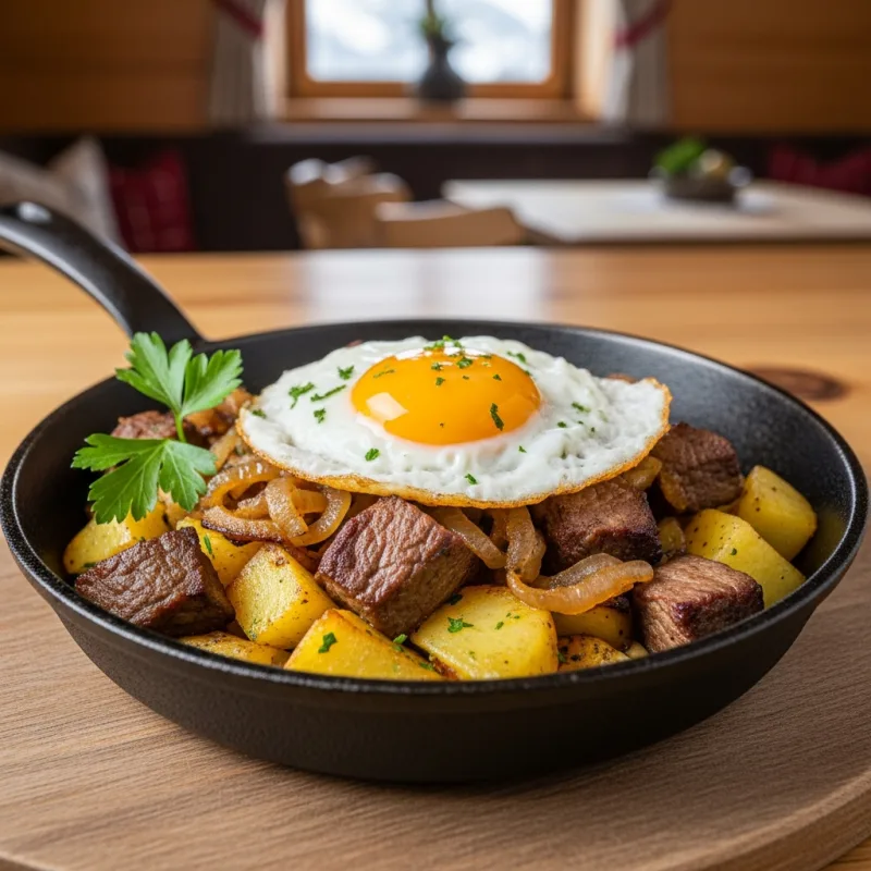A cast-iron skillet of Tyrolean Gröstl topped with a fried egg