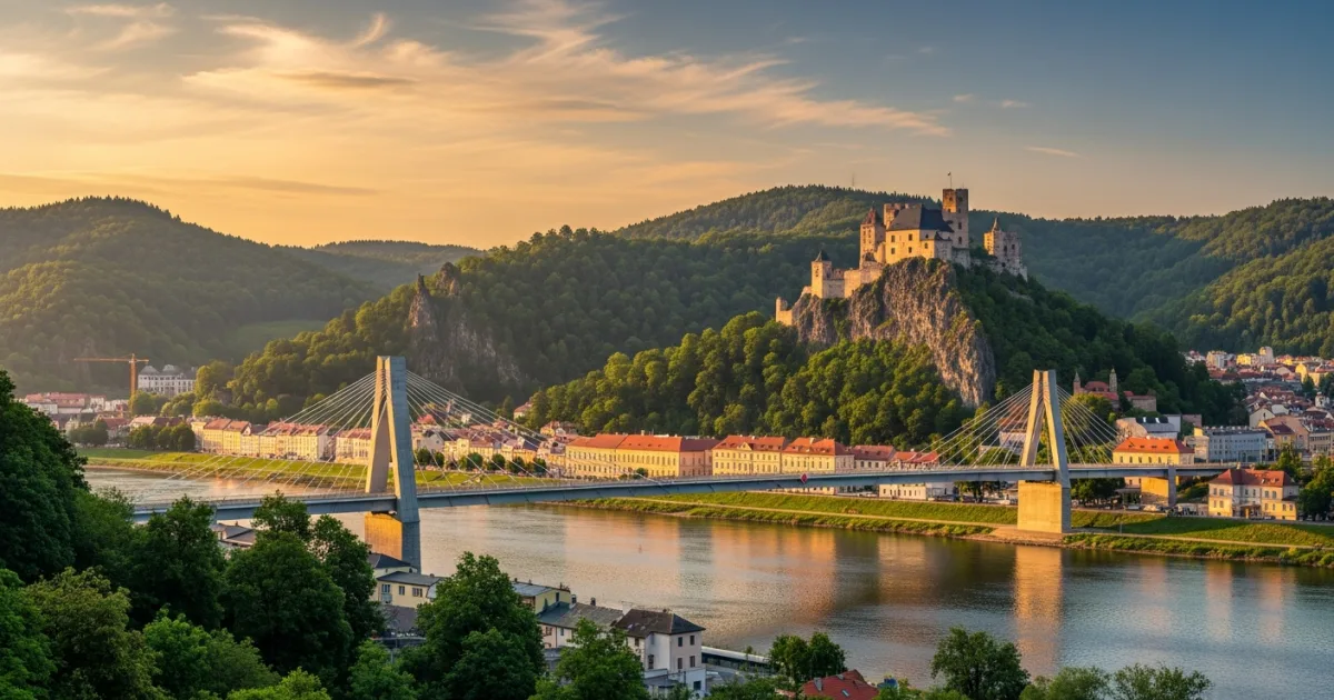Panoramic view of Usti nad Labem featuring the Marian Bridge and Strekov Castle