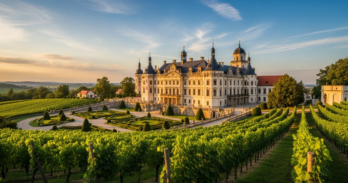 Panoramic view of the Baroque Valtice Chateau and surrounding vineyards in South Moravia