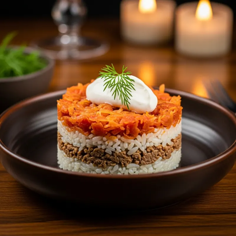 A rustic bowl of Varză à la Cluj topped with sour cream
