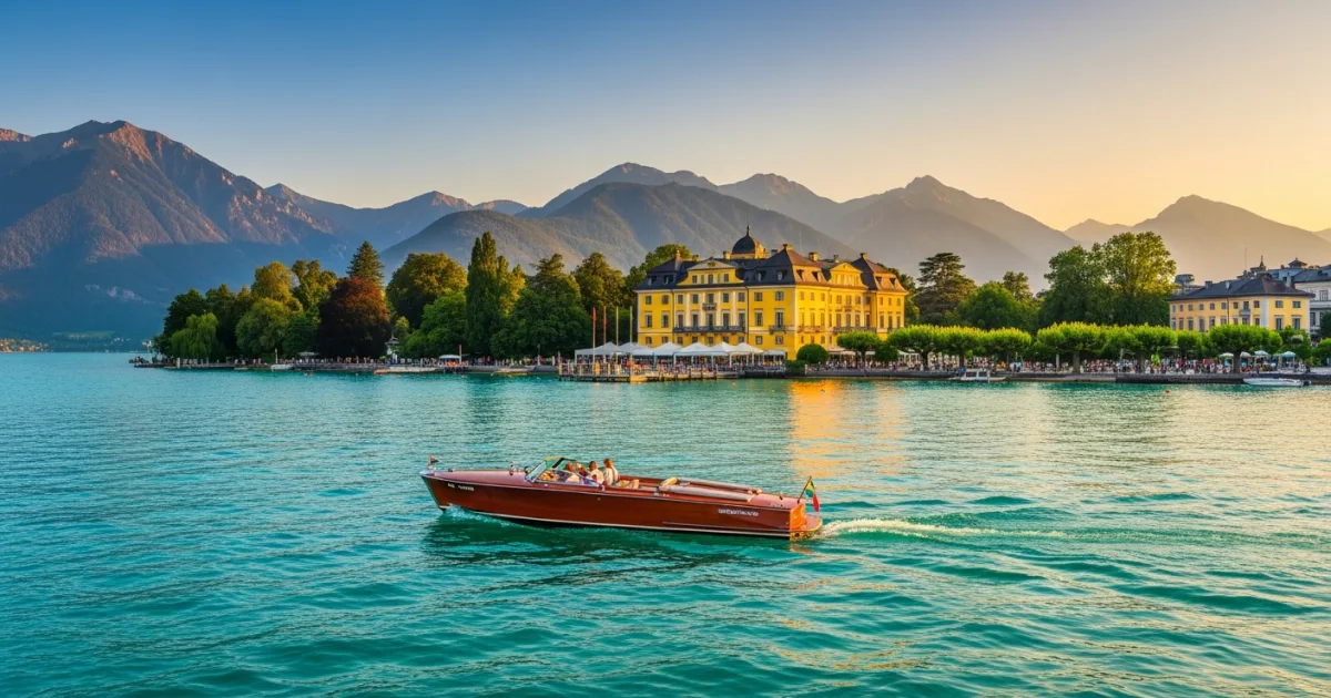 Panoramic view of Velden am Wörthersee featuring Schloss Velden and the lake at sunset