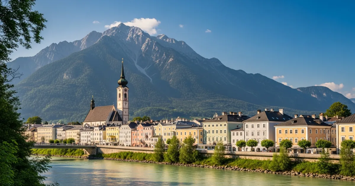 Panoramic view of Villach city center and the Drau River with the Dobratsch mountain in the background.