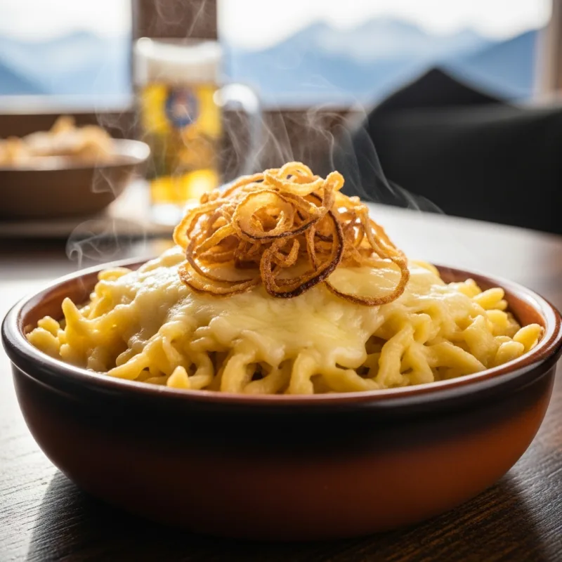 A bowl of traditional Vorarlberger Käsespätzle topped with fried onions