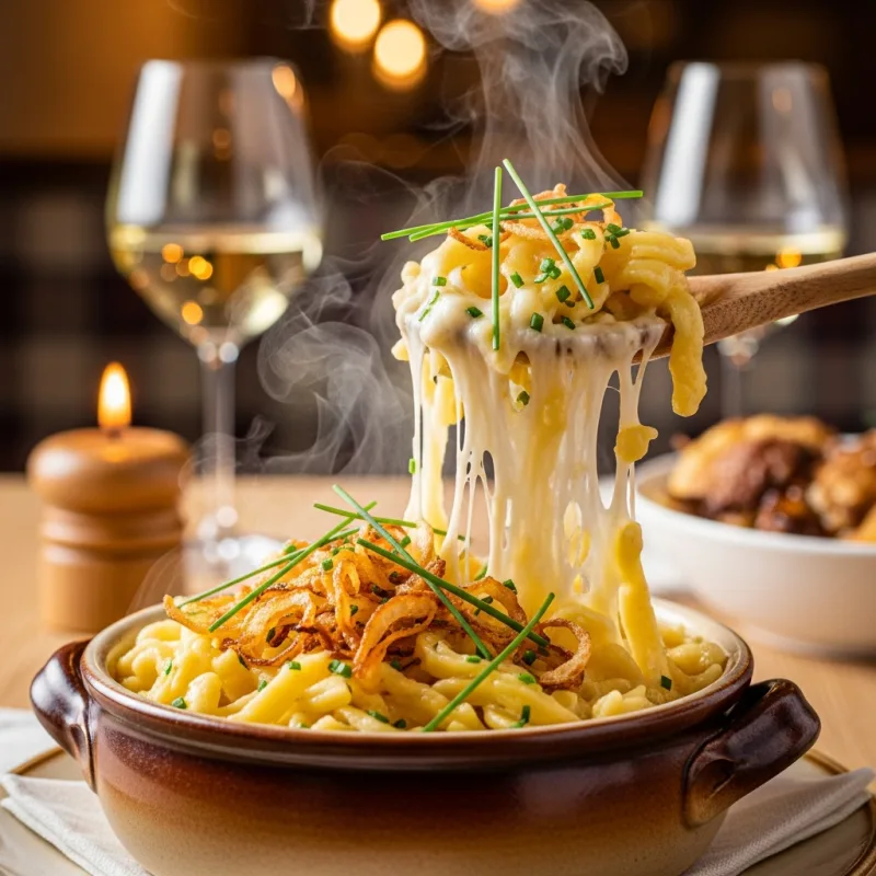 A bowl of traditional Vorarlberger Käsespätzle topped with crispy onions