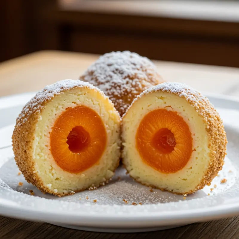 A sliced Wachauer Marillenknödel showing the apricot center and breadcrumb coating