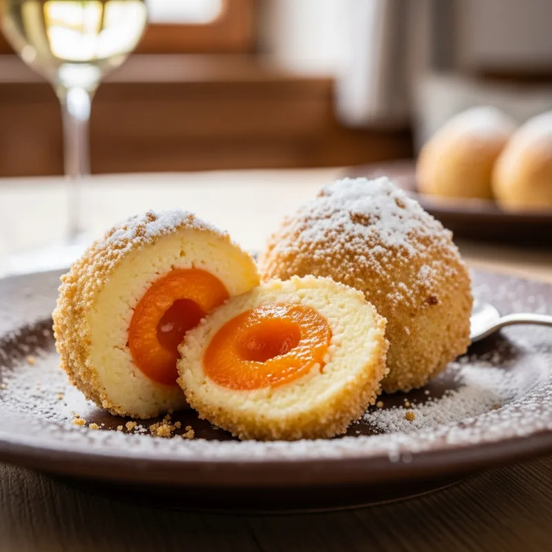A sliced Wachauer Marillenknödel revealing a fresh apricot center, coated in toasted breadcrumbs