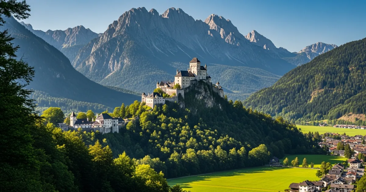 Wide-angle view of Hohenwerfen Castle and the Tennengebirge mountains in Werfen, Austria