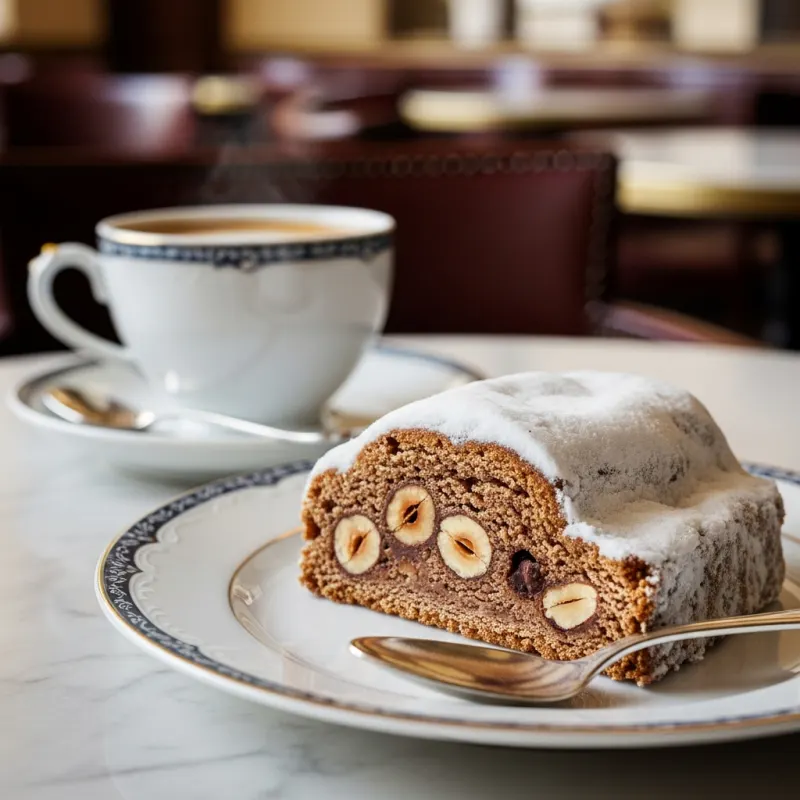A slice of traditional Zaunerstollen with a cup of coffee