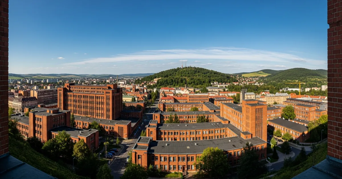 Panoramic view of Zlin's functionalist red-brick architecture