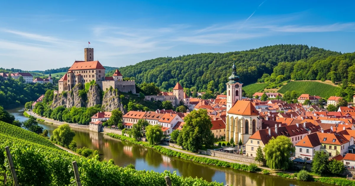 Panoramic view of Znojmo historic town and the Dyje River valley
