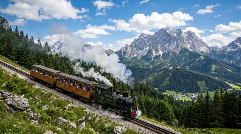 Achensee Cog Railway 1 Achensee Cog Railway steam train climbing the Tyrolean Alps in Austria.