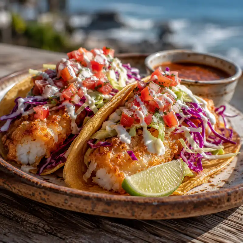 Authentic Baja Fish Tacos with fresh cabbage and crema