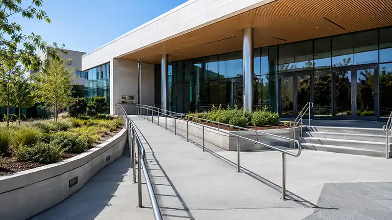 Travel Tips 9 A modern museum entrance featuring a smooth accessibility ramp leading to wide, welcoming glass doors.
