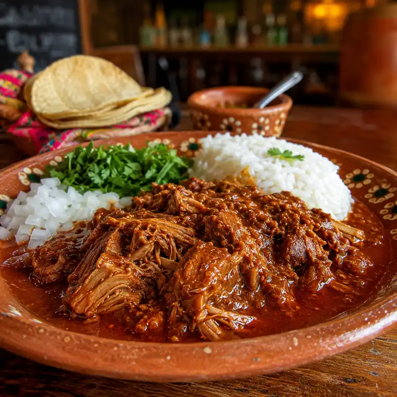 Plate of Cochito Horneado with rice and tortillas