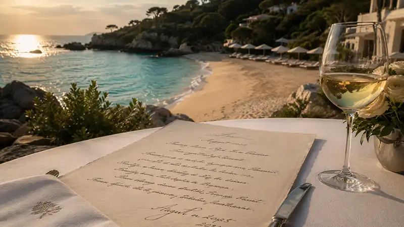 Communicate Your Preferences Weeks in Advance 3 A bespoke handwritten menu and a glass of wine on a table overlooking a completely secluded private beach